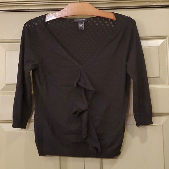 Valerie Stevens black polka dot ruffle front sweater - Picture 1 of 8